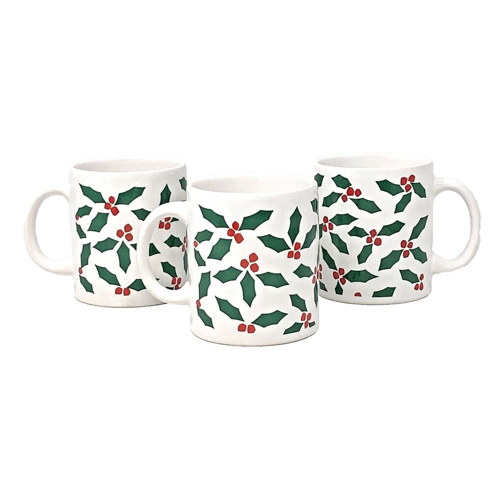 Waechtersbach Pottery Christmas Mugs Lot of 3 Red Green All Over Holly Berry
